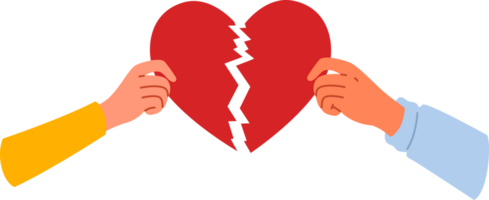 Broken heart symbolizing separation and destruction of relationships in hands of people who have become victims of family quarrel. Couple shows broken heart after divorce and problems in marriage png