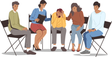 Group psychotherapy in alcoholics anonymous club, with team of people comforting upset man. Alcoholics anonymous section is trying to help friend who is victim of addiction to beer or vodka png