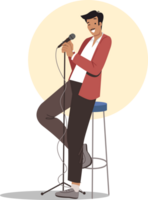 Stand-up show from man comedian standing on stage with microphone in hand, near high chair and spotlight. Guy performs solo program at stand-up show, trying to make audience laugh with funny stories png