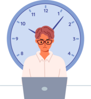 Approaching deadline for male freelancer working with laptop causes stress and desire to quit. Large clock reminds of deadline, and improves productivity of focused office clerk or manager. png