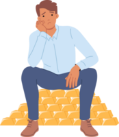 Rich man sits on gold bars and is sad due to lack of knowledge where to invest money. Investor guy keeps capital in real gold and is upset after fall in prices for precious metals. png