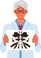 Psychotherapist uses rorschach test to check person mental health and identify mental problems. Gray-haired business man with rorschach test to check adequacy of candidate for vacant position png