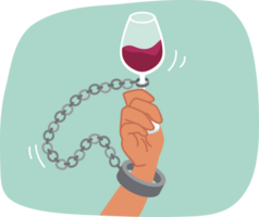 Alcohol addiction is suffered by man with glass of red wine and shackles, due to lack of willpower. Problem of alcohol addiction and slavery from bad habits, destroying life of victim png