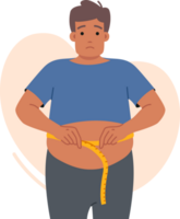 Fat man suffering from obesity measures waist and sadly looks at screen, looking for help. Problem of obesity upsets guy who does not follow diet due to lack of willpower and motivation png