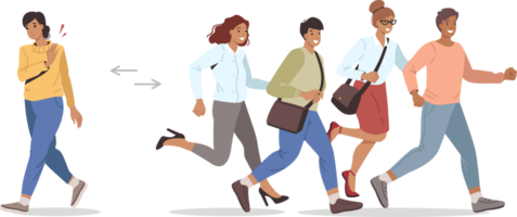 Woman has given up career race and wants to take different path from one imposed by society. Unambitious girl walks in opposite direction from running people, participants in career race. png