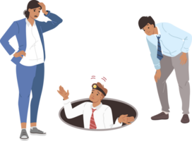 Team business people explore abyss, experiencing perplexity due to lack of solutions to problems. Perplexity among office workers who want to find new opportunity or funding reserves for advertising png