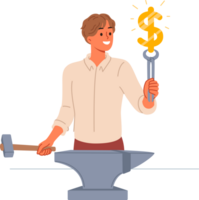 Business man doing money making, using anvil and hammer to produce dollar symbol. Guy demonstrates money making skills, thanks to professional analysis and cool ideas that bring profit png