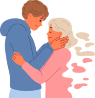 Widower man remembers deceased bride, hugging ghost of girl and refuses to believe in end of relationship. Widower suffers from loss of beloved and needs support to avoid depression. png