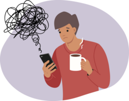 Man reads news on mobile phone, causing deterioration in mood and chaos in thoughts. Guy with mug of coffee and smartphone became victim of misinformation and propaganda on news sites. png