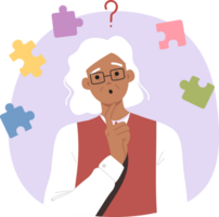 Dementia and memory impairment confuse elderly woman who needs pills to improve brain function. Problem of dementia caused by old age, in gray-haired lady standing among puzzle pieces png