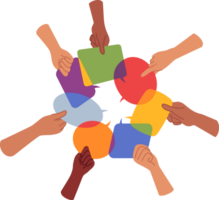 Exchange of opinions and discussion of important issues between people holding dialogue boxes in hands. Conversation bubbles as metaphor for exchange of opinions and collective feedback png