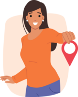 Woman with GPS pin in hands smiles, indicating delivery address or helping with navigation. Girl tour guide demonstrates GPS pin, marking must-see place while traveling around world. png