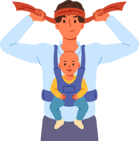 Man super father with baby in arms, tying bandage on head and preparing to raise son on own. Businessman father wants to work and raise child at same time, due to absence of mother and nanny for baby png