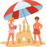 Children build sand castle on beach, standing with umbrella to protect them from sun. Little positive boy and girl play together on beach during summer trip to sea or ocean with parents png