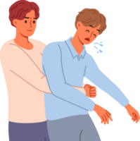 Man performs heimlich maneuver for choking friend, providing first aid to save human. Instructions for heimlich maneuver from guy rescuing patient at risk of dying due to blocked airway png