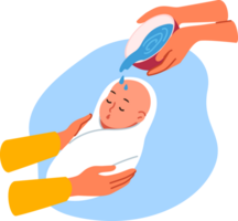 Ritual of baptism for infant in christian religion, and use holy water in church, to protect child from evil forces. Hands watering baby from bowl during baptism and choosing godmother and godfather png