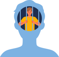Man hostage to own psychological trauma, sits in prison inside head and needs psychotherapist. Guy with psychological trauma experiences stress and melancholy due to unwillingness to fight for success png
