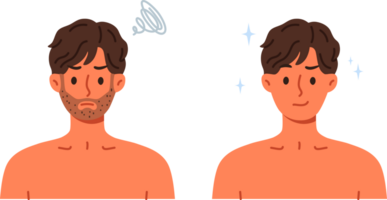 Unshaven man was transformed and became handsome after using razor with sharp blade. Guy recommends new shaving foam or high-quality razor that allows you to avoid discomfort and itching png