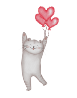 Fluffy Watercolor Cat with Hearts for Valentine's Day . Perfect for Cute and Playful Greeting Cards png
