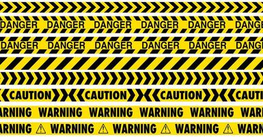 A digital rendering of caution tape. The yellow and black striped tape is marked with repeated warnings of DANGER, CAUTION, and WARNING along with directional arrows. vector