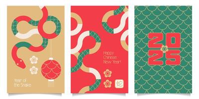 Chinese New Year 2025 modern card design set in red, gold, green and white colors. Geometric Chinese zodiac Snake symbol. Hieroglyphics mean Happy New Year and the Snake. vector