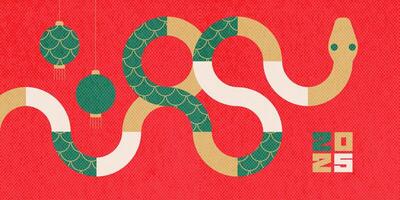 Chinese New Year 2025 abstract geometric greeting card with wavy snake, lanterns simple shapes in bright palette. background for banner, cover. vector