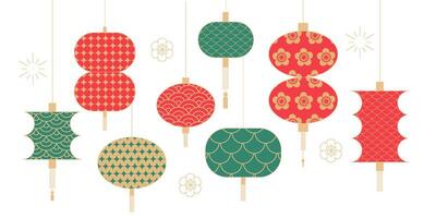 Set of Chinese Lanterns. Chinese New Year, Mid Autumn Festival elements collection for banner and greeting card. Flat minimalist geometric design. illustration vector