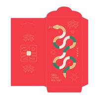 Modern minimalistic Chinese new year 2025 lucky money pocket for the year of the Snake. Trendy geometric red envelope for presents. Translation - happy new year, the Snake. template vector