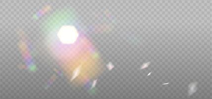 Warm White sun light flares with transparent sparkle effects. Iridescent crystal glare lenses reflection effect. Optical rainbow lights, glare, leak, streak overlay. Sparkling falling confetti. vector