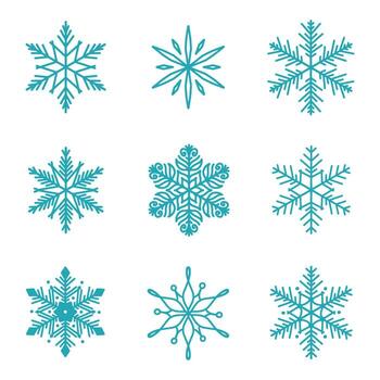 Unique snowflakes set, hand drawn detailed flat line illustration. Graphic outline drawing. Christmas and New Year symbol. Beautiful snowflake silhouette icon for frosty winter designs. vector