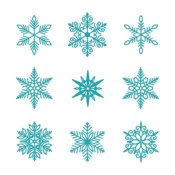 Unique snowflakes set, detailed hand drawn flat line illustration. Graphic outline drawing. Christmas and New Year symbol. Beautiful snowflake silhouette icon for frosty winter design vector