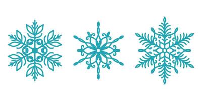 Beautiful snowflakes set, detailed hand drawn flat line illustration. Graphic outline drawing. Christmas and New Year symbol. Unique snowflake silhouette icon for frosty winter. vector
