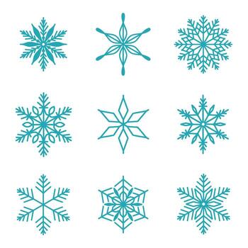 Unique snowflakes set, detailed hand drawn flat line illustration. Graphic outline drawing. Christmas and New Year symbol. Beautiful snowflake silhouette icon for frosty winter designs. vector