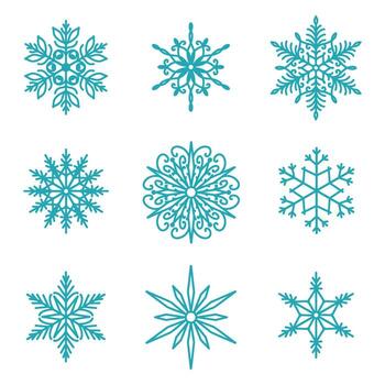 Unique snowflakes set, hand drawn flat line illustration. Graphic outline drawing. Christmas and New Year symbol. Beautiful snowflake silhouette icon for frosty winter designs. vector