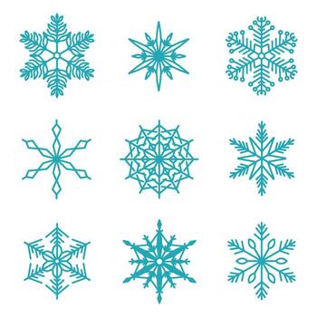 Unique snowflakes set, hand drawn flat detailed line illustration. Graphic outline drawing. Christmas and New Year symbol. Beautiful snowflake silhouette icon for frosty winter designs. vector