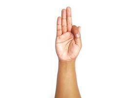 Deaf alphabet letter F by hand. Letter 'F' in sign language, isolated on a white background. Hand gestures. languages that use visual manual modality. Deaf Sign. photo