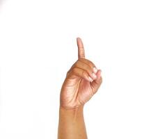 Deaf alphabet letter D by hand. Letter 'D' in sign language, isolated on a white background. Hand gestures. languages that use visual manual modality. Deaf Sign. photo