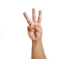 Deaf alphabet letter W by hand. Letter 'W' in sign language, isolated on a white background. Hand gestures. languages that use visual manual modality. Deaf Sign. photo