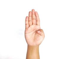Deaf alphabet letter B by hand. Letter 'B' in sign language, isolated on a white background. Hand gestures. languages that use visual manual modality. Deaf Sign. photo