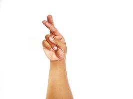 Deaf alphabet letter R by hand. Letter 'R' in sign language, isolated on a white background. Hand gestures. languages that use visual manual modality. Deaf Sign. photo
