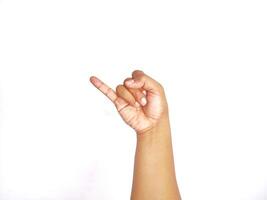Deaf alphabet letter J by hand. Letter 'J' in sign language, isolated on a white background. Hand gestures. languages that use visual manual modality. Deaf Sign. photo