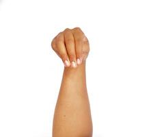 Deaf alphabet letter M by hand. Letter 'M' in sign language, isolated on a white background. Hand gestures. languages that use visual manual modality. Deaf Sign. photo