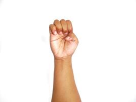 Deaf alphabet letter E by hand. Letter 'E' in sign language, isolated on a white background. Hand gestures. languages that use visual manual modality. Deaf Sign. photo