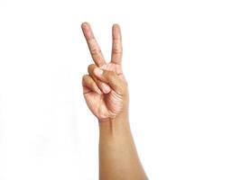 Deaf alphabet letter V by hand. Letter 'V' in sign language, isolated on a white background. Hand gestures. languages that use visual manual modality. Deaf Sign. photo