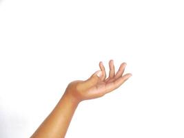 asking hand gesture with open palm an isolated white background. to ask something. pointing to copy space photo