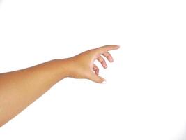Hand gesture grab sign, hand grab empty space gesture. Human hand in picking gesture isolate on white background photo