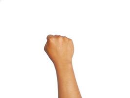 man's hand make closed fist gesture isolated on white background with clipping path and copy space for your text photo
