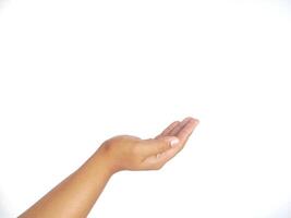 asking hand gesture with open palm an isolated white background. to ask something. pointing to copy space photo