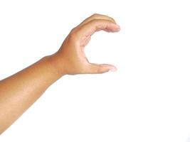 Closeup of male asian hand isolated on white background. Young man forming shape of half of heart with his fingers. Horizontal color photography. Point of view shot with copy space. photo