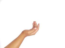 asking hand gesture with open palm an isolated white background. to ask something. pointing to copy space photo